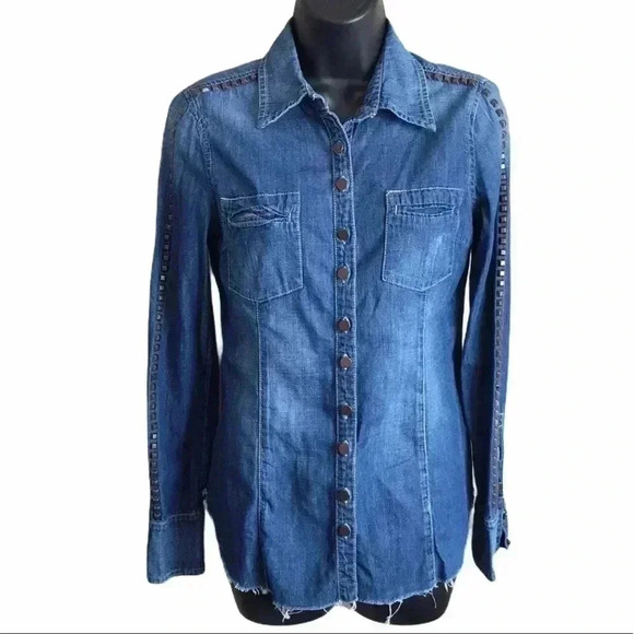 Blank NYC Denim Long Sleeve Embellished Button Up Raw Hem Top Size S - Picture 1 of 5